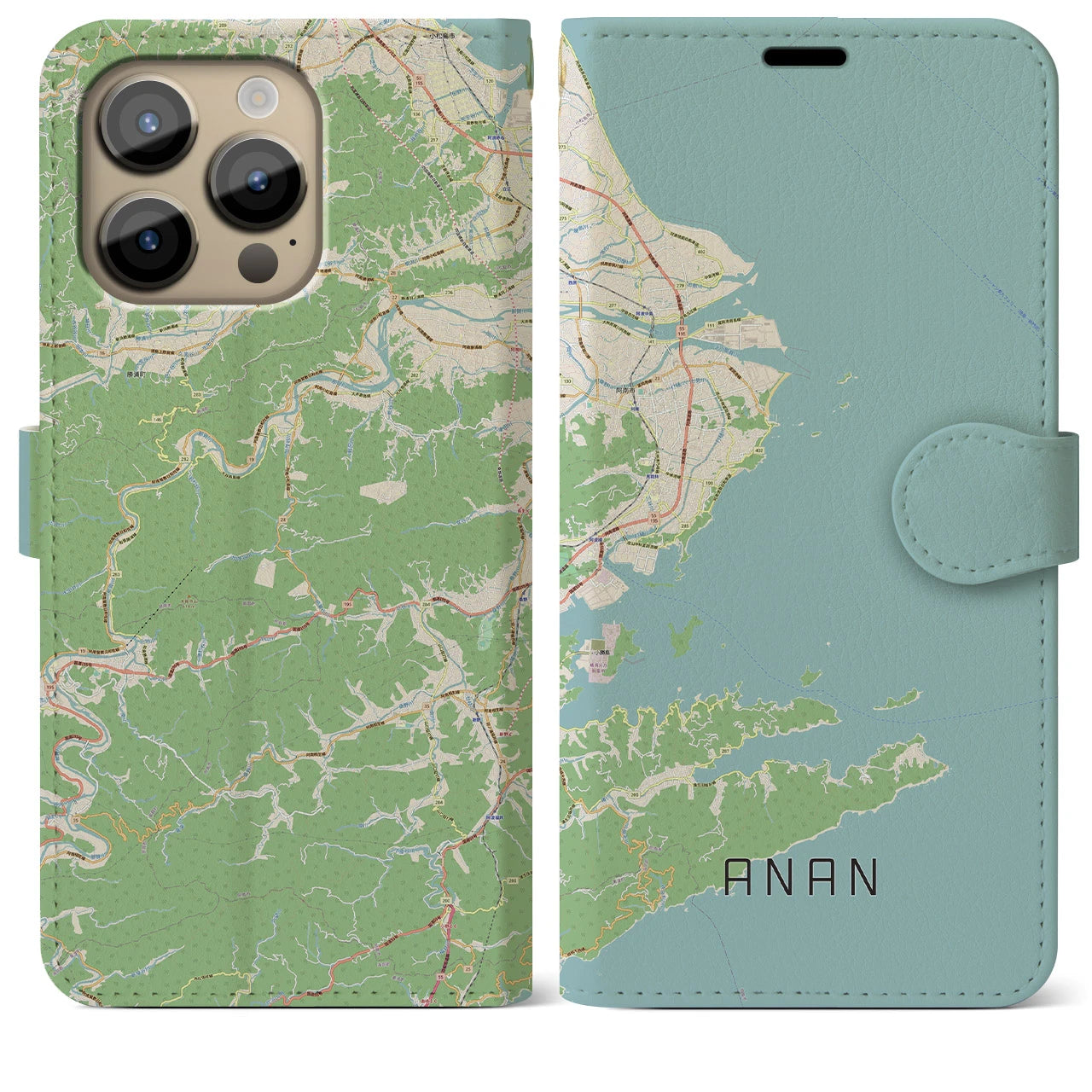 【阿南】地図柄iPhoneケース（手帳両面タイプ・ナチュラル）iPhone 14 Pro Max 用