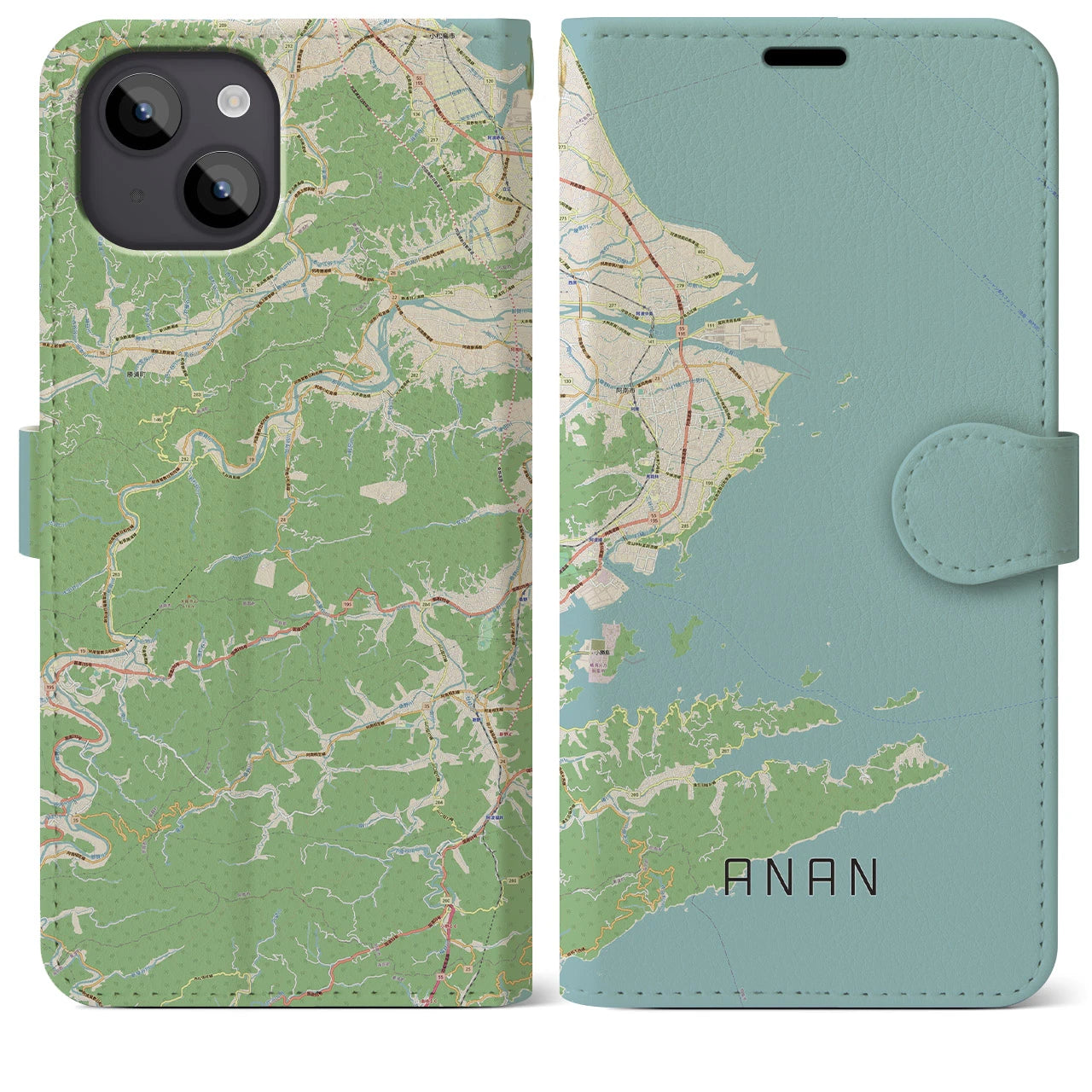 【阿南】地図柄iPhoneケース（手帳両面タイプ・ナチュラル）iPhone 14 Plus 用