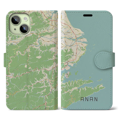 【阿南（徳島県）】地図柄iPhoneケース（手帳タイプ）ナチュラル・iPhone 15 用