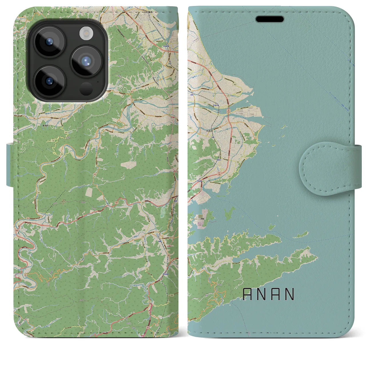 【阿南】地図柄iPhoneケース（手帳両面タイプ・ナチュラル）iPhone 15 Pro Max 用