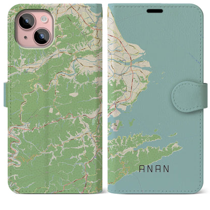 【阿南（徳島県）】地図柄iPhoneケース（手帳タイプ）ナチュラル・iPhone 15 Plus 用