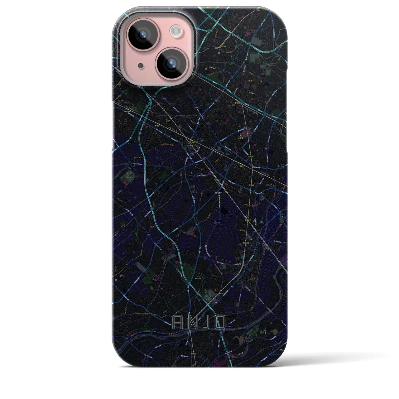 【安城】地図柄iPhoneケース（バックカバータイプ・ブラック）iPhone 15 Plus 用