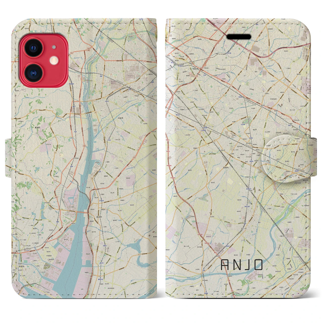 【安城】地図柄iPhoneケース（手帳両面タイプ・ナチュラル）iPhone 11 用