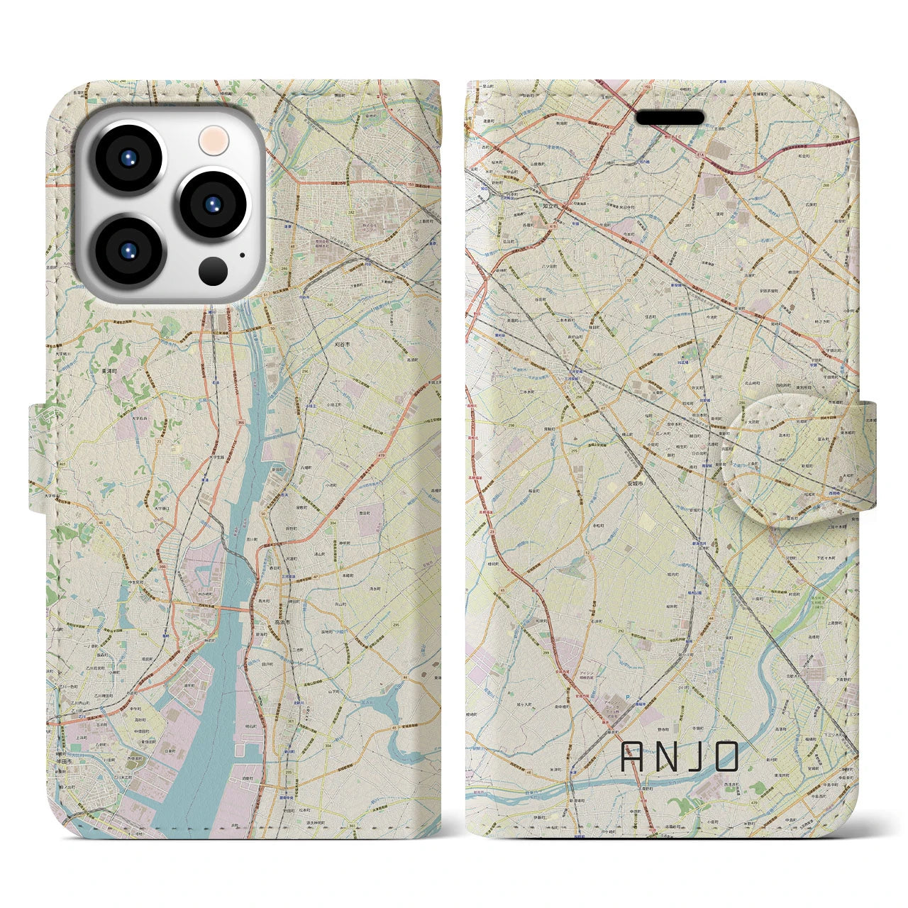 【安城】地図柄iPhoneケース（手帳両面タイプ・ナチュラル）iPhone 13 Pro 用