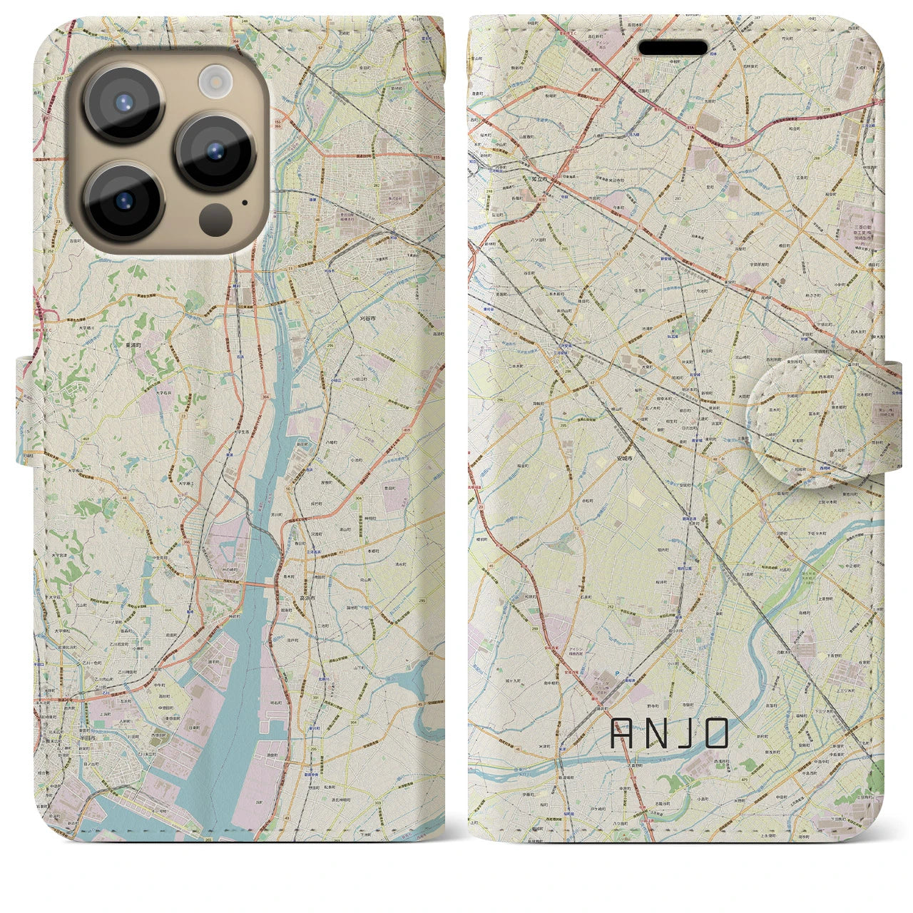 【安城】地図柄iPhoneケース（手帳両面タイプ・ナチュラル）iPhone 14 Pro Max 用