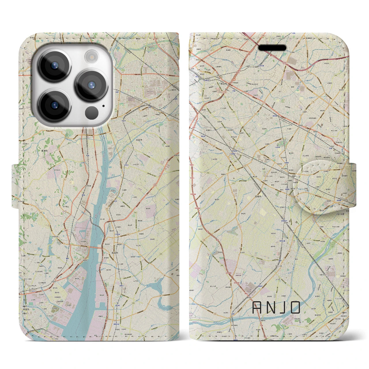 【安城】地図柄iPhoneケース（手帳両面タイプ・ナチュラル）iPhone 14 Pro 用