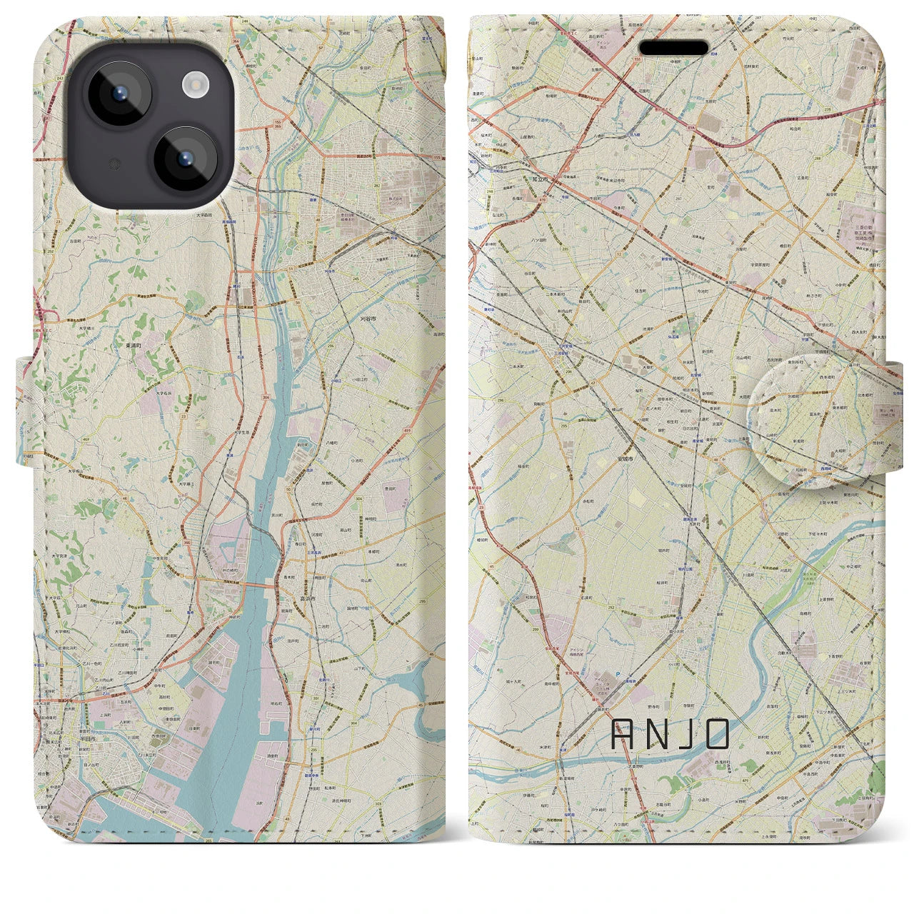 【安城】地図柄iPhoneケース（手帳両面タイプ・ナチュラル）iPhone 14 Plus 用
