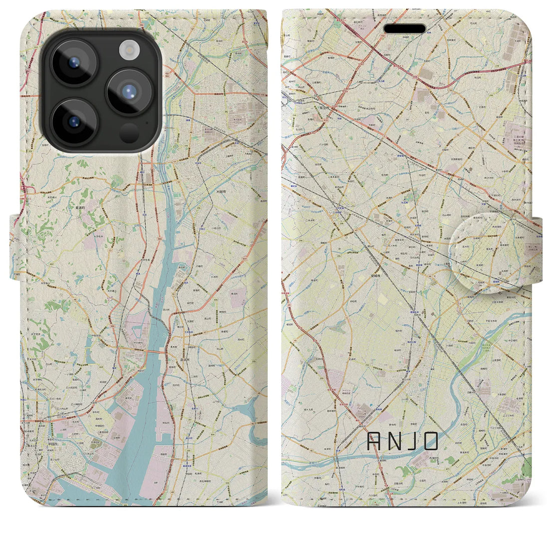 【安城】地図柄iPhoneケース（手帳両面タイプ・ナチュラル）iPhone 15 Pro Max 用