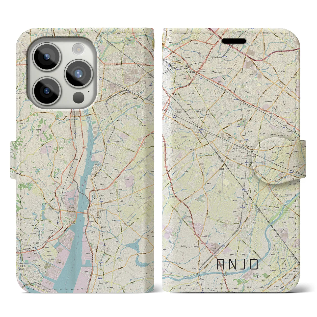 【安城】地図柄iPhoneケース（手帳両面タイプ・ナチュラル）iPhone 15 Pro 用