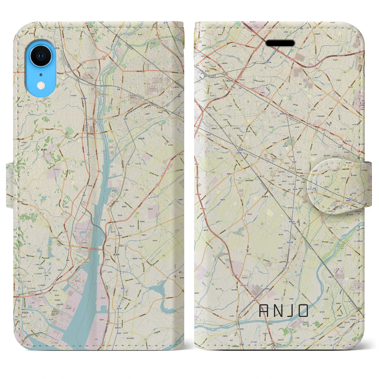 【安城】地図柄iPhoneケース（手帳両面タイプ・ナチュラル）iPhone XR 用