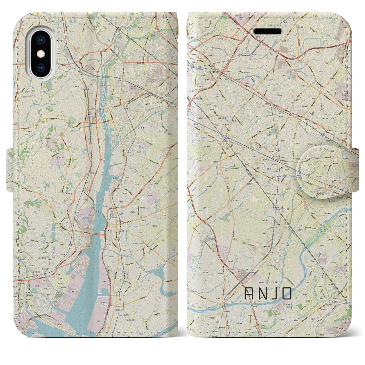 【安城】地図柄iPhoneケース（手帳両面タイプ・ナチュラル）iPhone XS Max 用