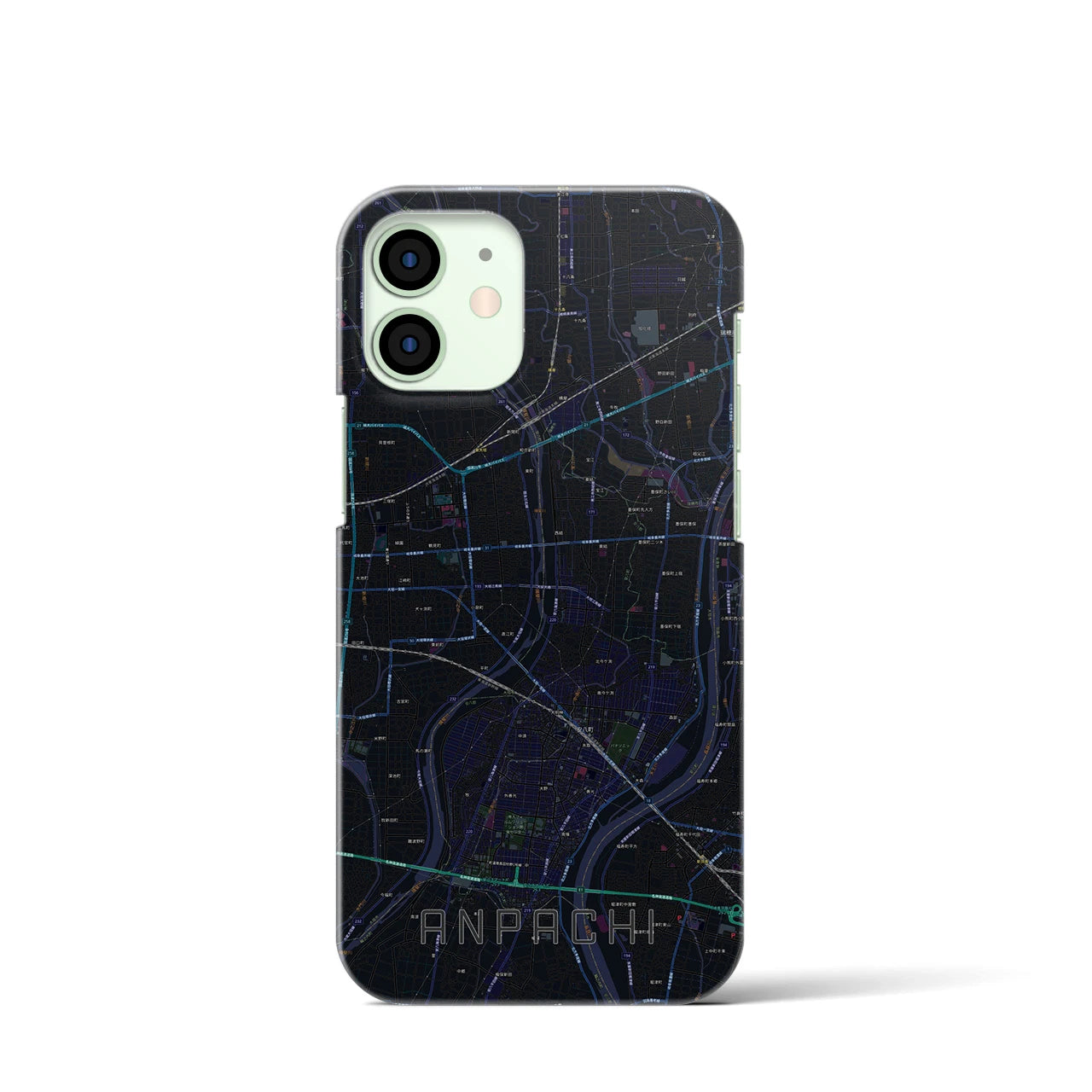 【安八】地図柄iPhoneケース（バックカバータイプ・ブラック）iPhone 12 mini 用