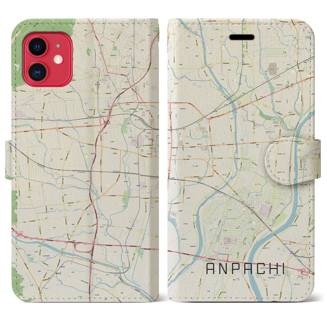 【安八】地図柄iPhoneケース（手帳両面タイプ・ナチュラル）iPhone 11 用