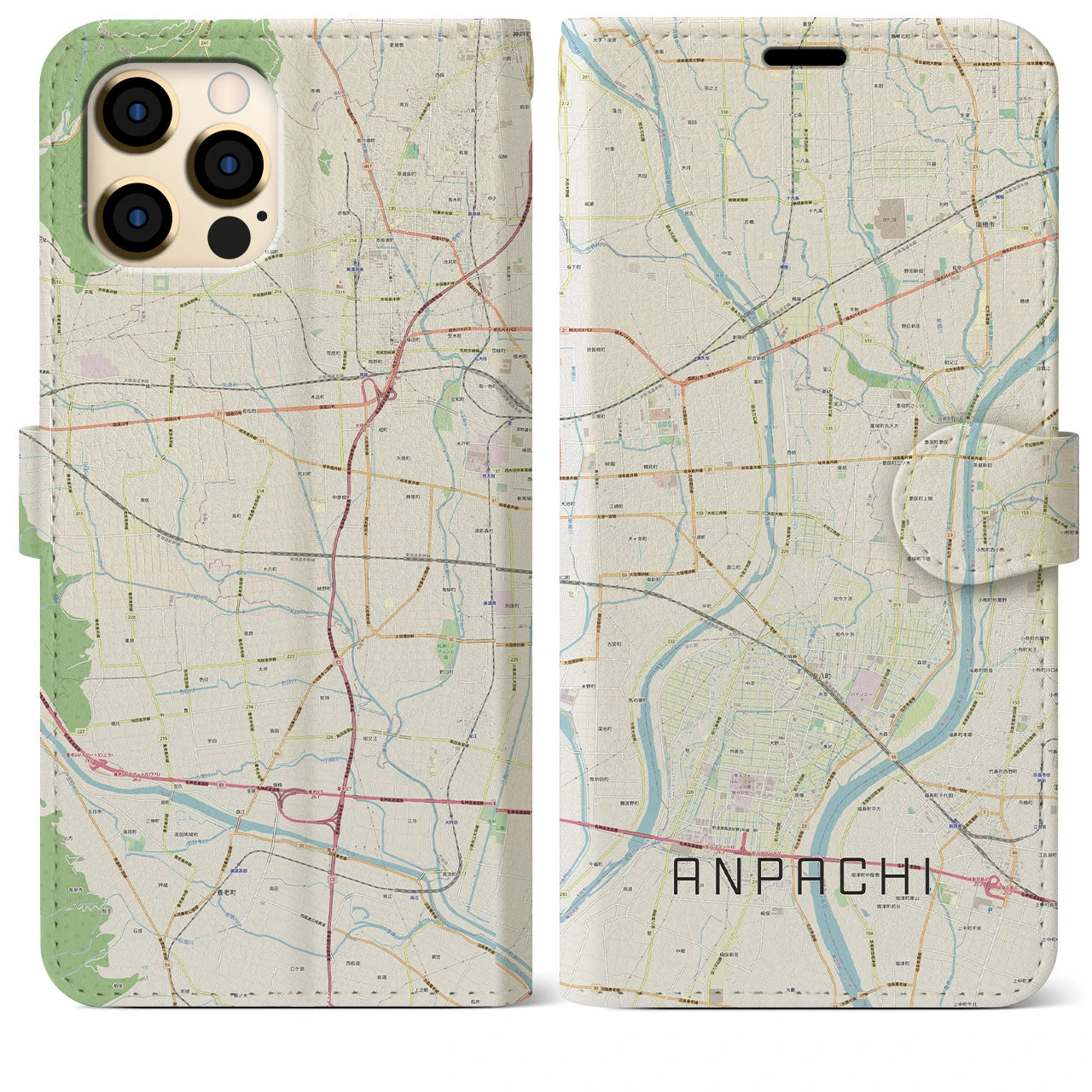 【安八】地図柄iPhoneケース（手帳両面タイプ・ナチュラル）iPhone 12 Pro Max 用