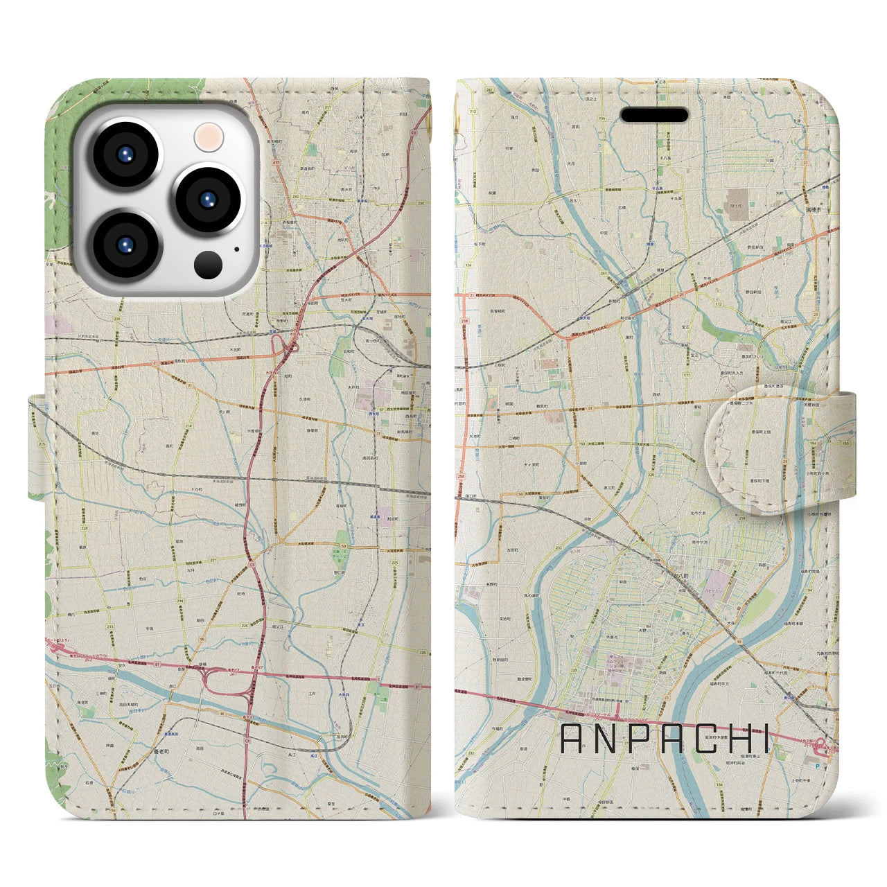 【安八】地図柄iPhoneケース（手帳両面タイプ・ナチュラル）iPhone 13 Pro 用