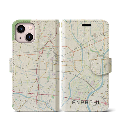 【安八（岐阜県）】地図柄iPhoneケース（手帳タイプ）ナチュラル・iPhone 13 mini 用