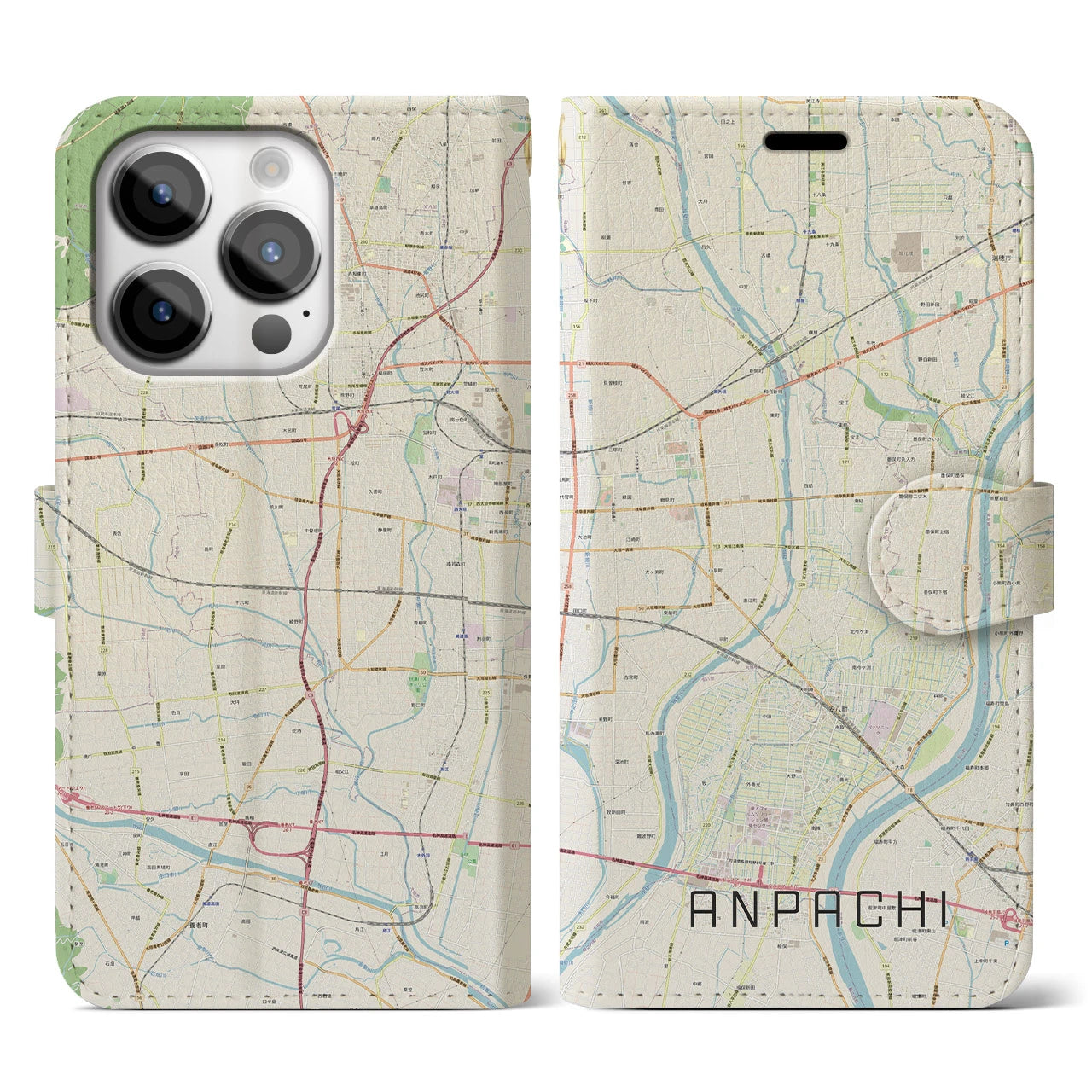 【安八】地図柄iPhoneケース（手帳両面タイプ・ナチュラル）iPhone 14 Pro 用