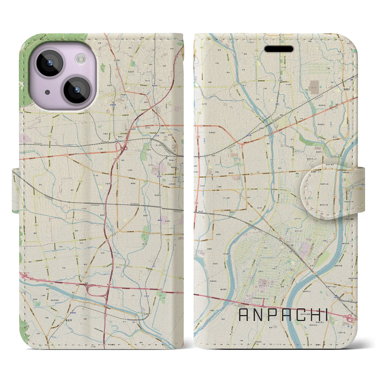 【安八】地図柄iPhoneケース（手帳両面タイプ・ナチュラル）iPhone 14 用