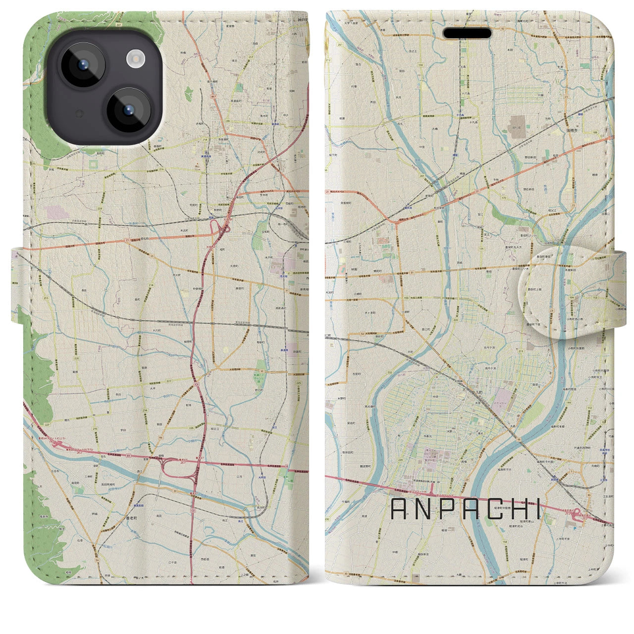 【安八】地図柄iPhoneケース（手帳両面タイプ・ナチュラル）iPhone 14 Plus 用