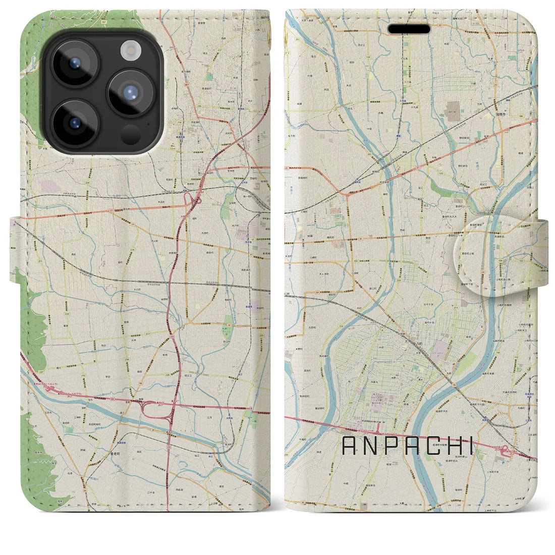 【安八】地図柄iPhoneケース（手帳両面タイプ・ナチュラル）iPhone 15 Pro Max 用