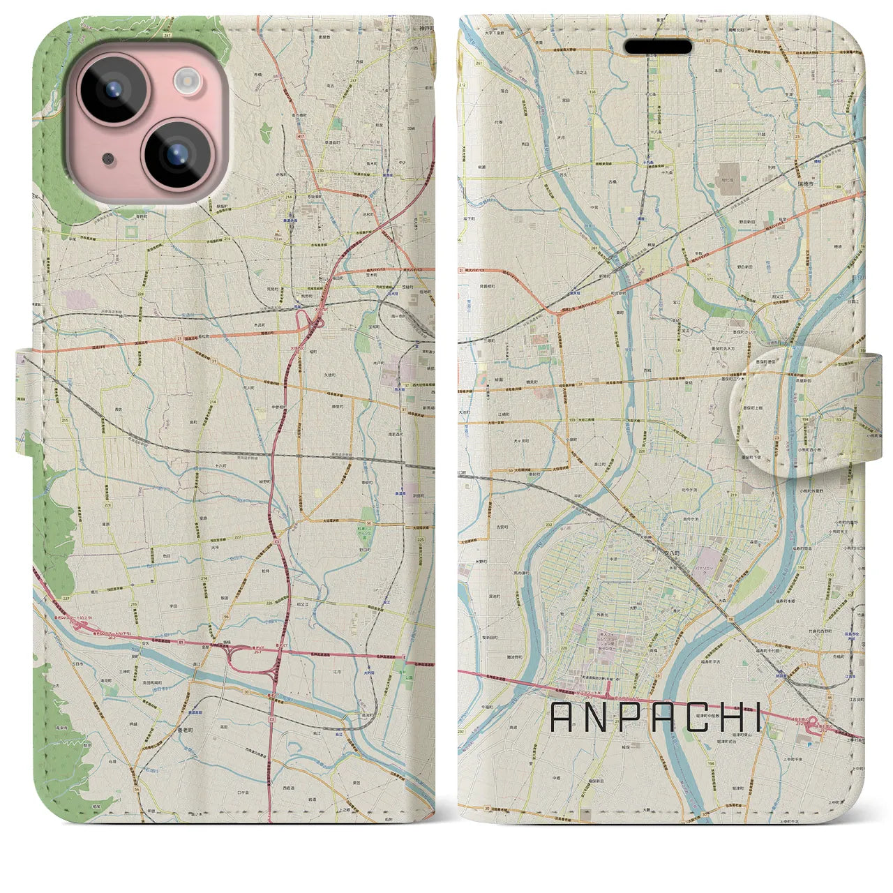 【安八】地図柄iPhoneケース（手帳両面タイプ・ナチュラル）iPhone 15 Plus 用