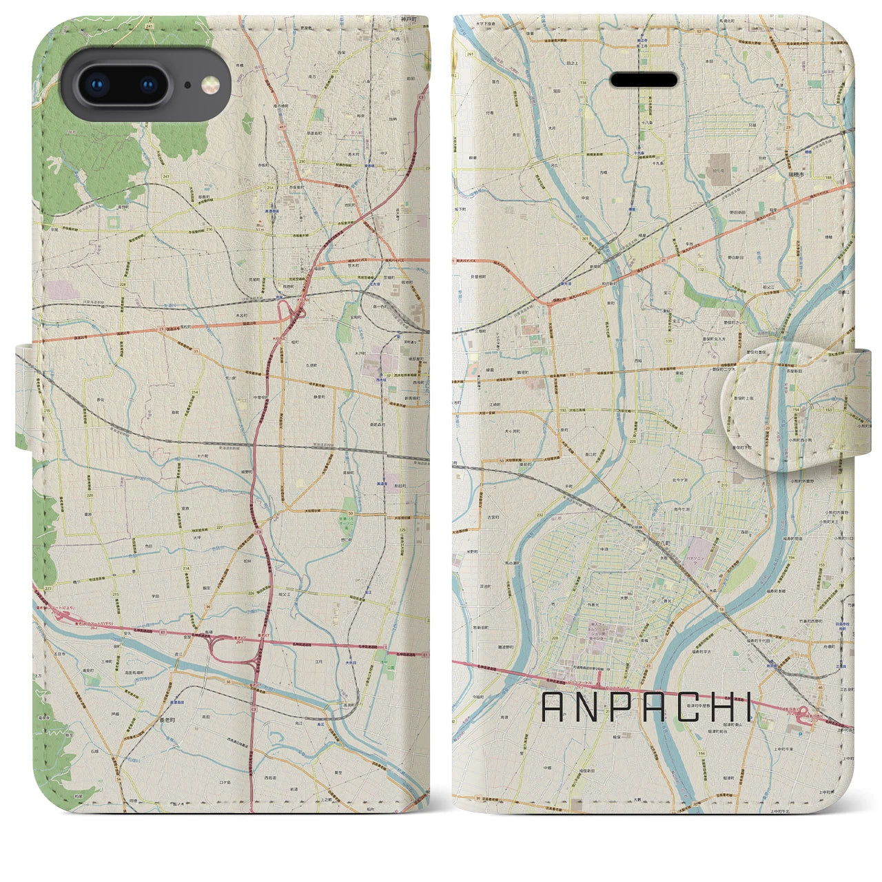 【安八】地図柄iPhoneケース（手帳両面タイプ・ナチュラル）iPhone 8Plus /7Plus / 6sPlus / 6Plus 用