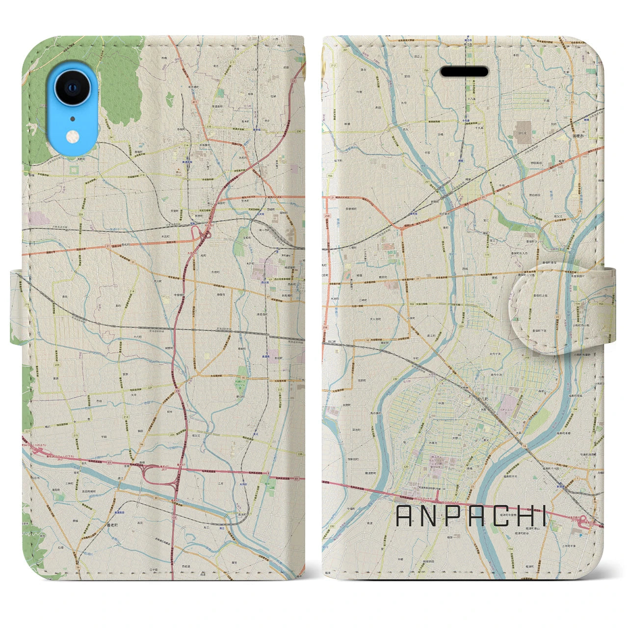 【安八】地図柄iPhoneケース（手帳両面タイプ・ナチュラル）iPhone XR 用