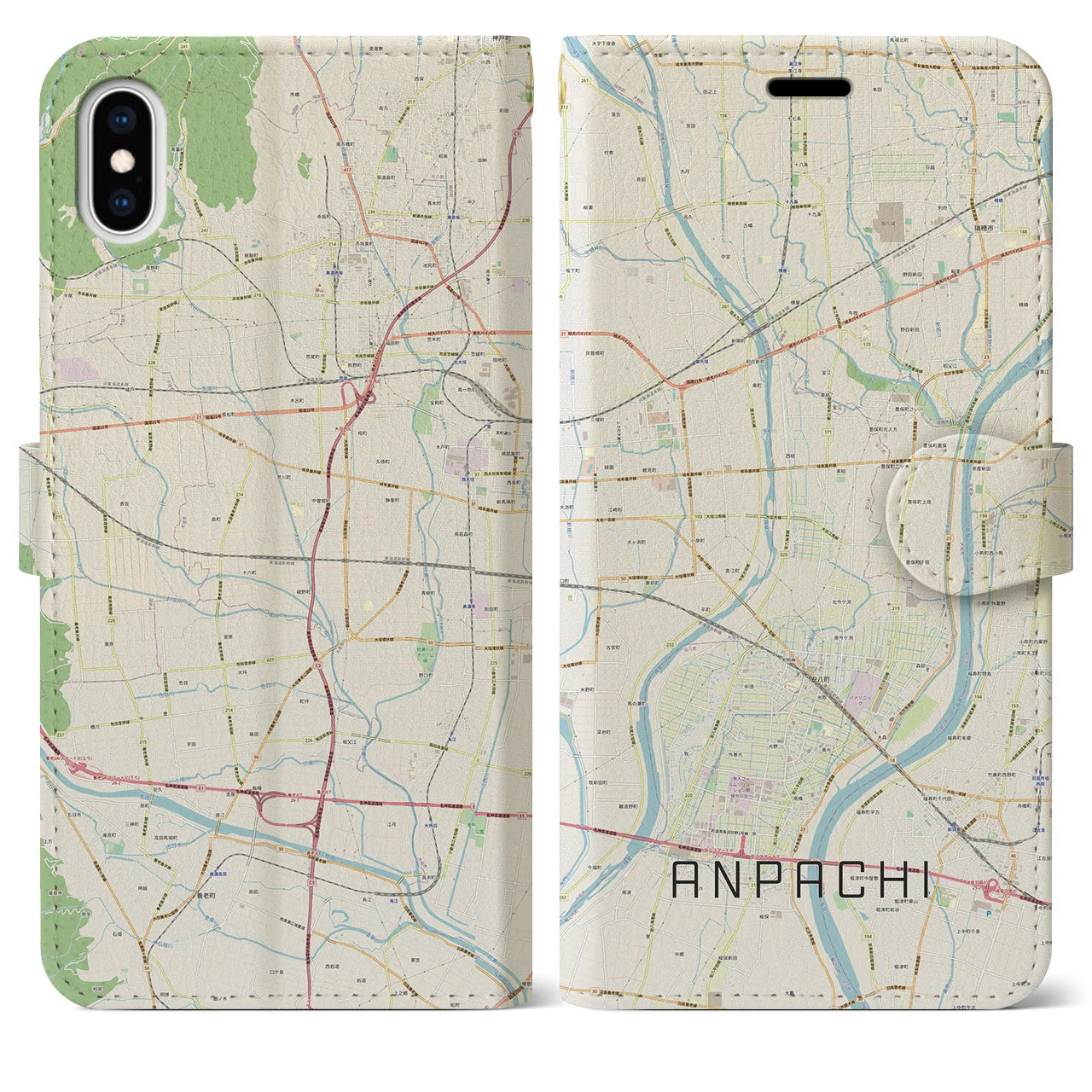【安八】地図柄iPhoneケース（手帳両面タイプ・ナチュラル）iPhone XS Max 用