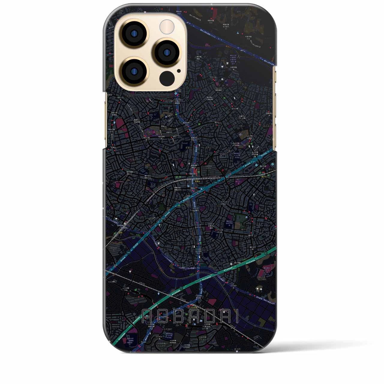 【青葉台】地図柄iPhoneケース（バックカバータイプ・ブラック）iPhone 12 Pro Max 用