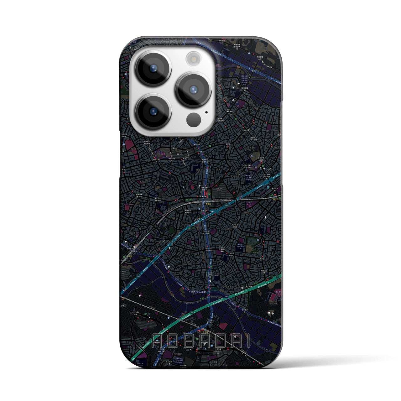 【青葉台】地図柄iPhoneケース（バックカバータイプ・ブラック）iPhone 14 Pro 用