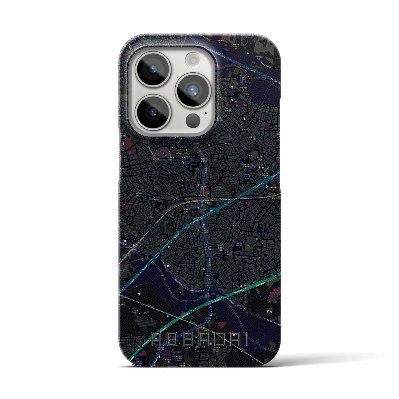 【青葉台】地図柄iPhoneケース（バックカバータイプ・ブラック）iPhone 15 Pro 用