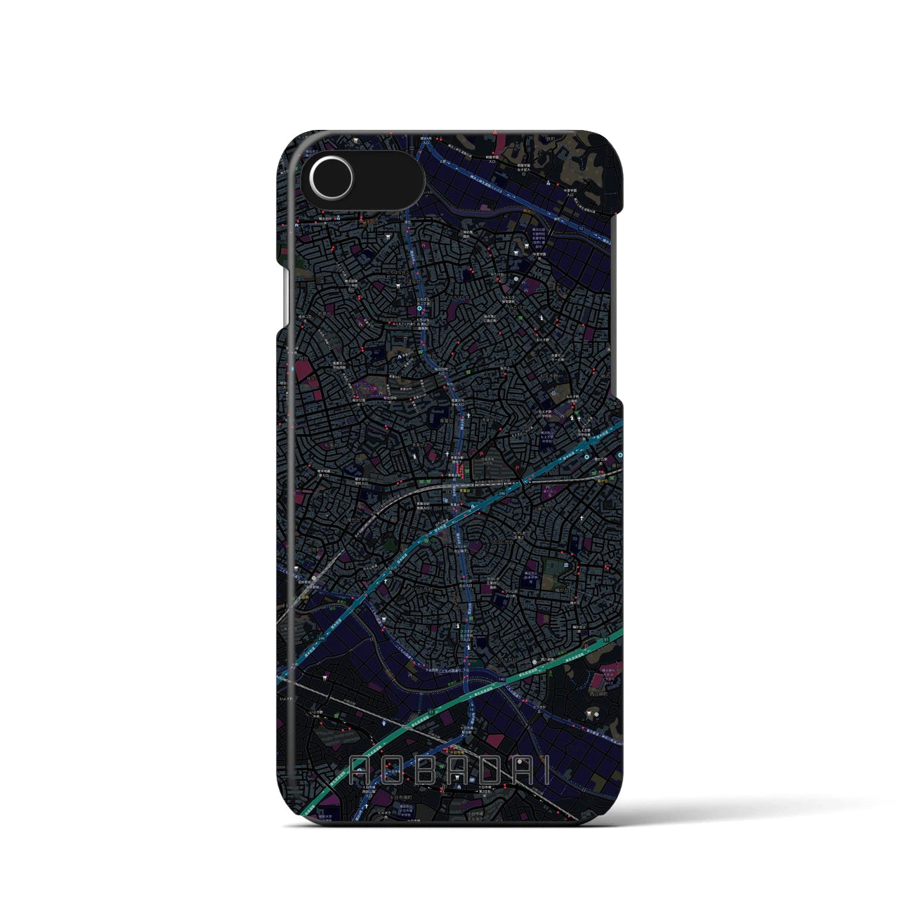 【青葉台】地図柄iPhoneケース（バックカバータイプ・ブラック）iPhone SE（第3 / 第2世代） / 8 / 7 / 6s / 6 用