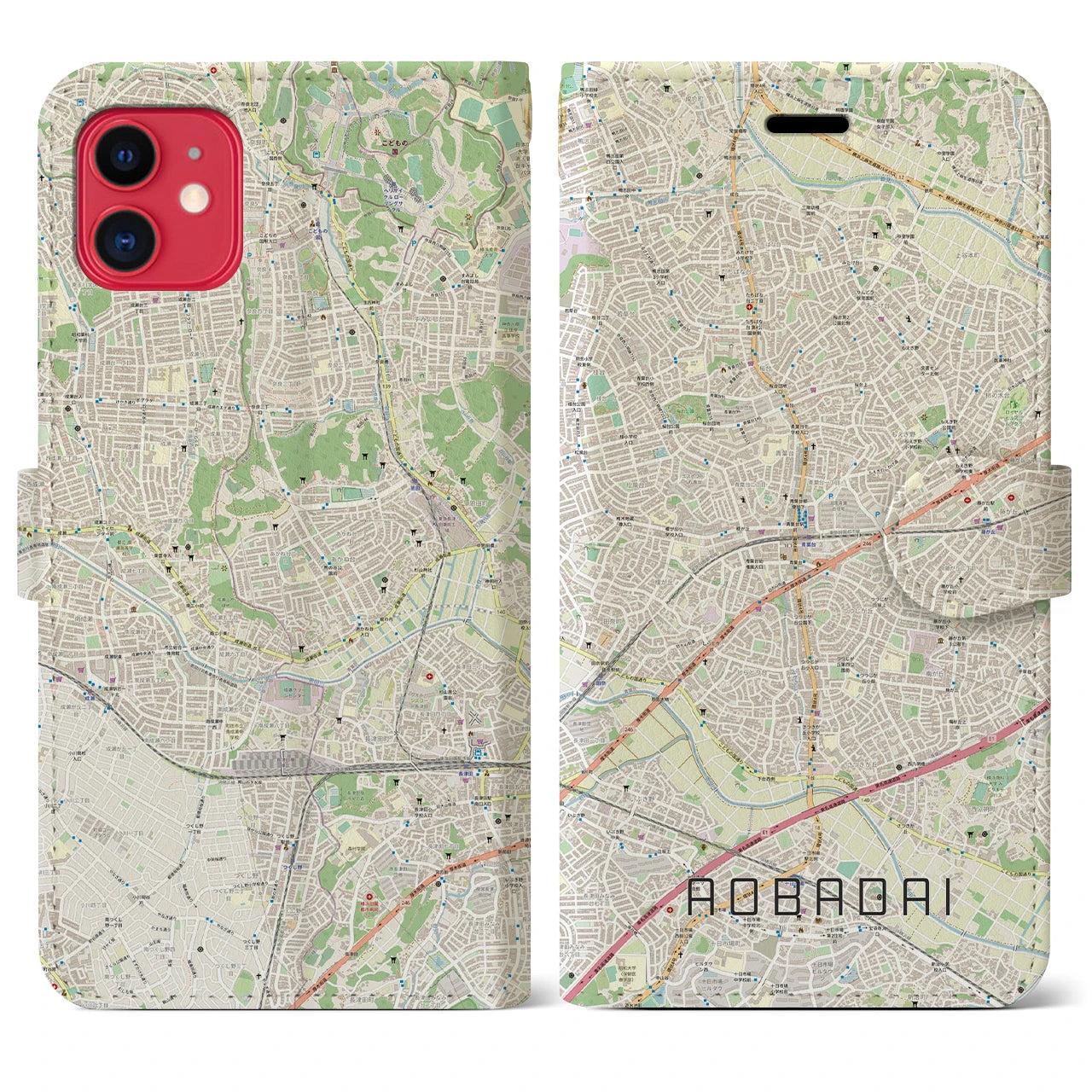 【青葉台】地図柄iPhoneケース（手帳両面タイプ・ナチュラル）iPhone 11 用
