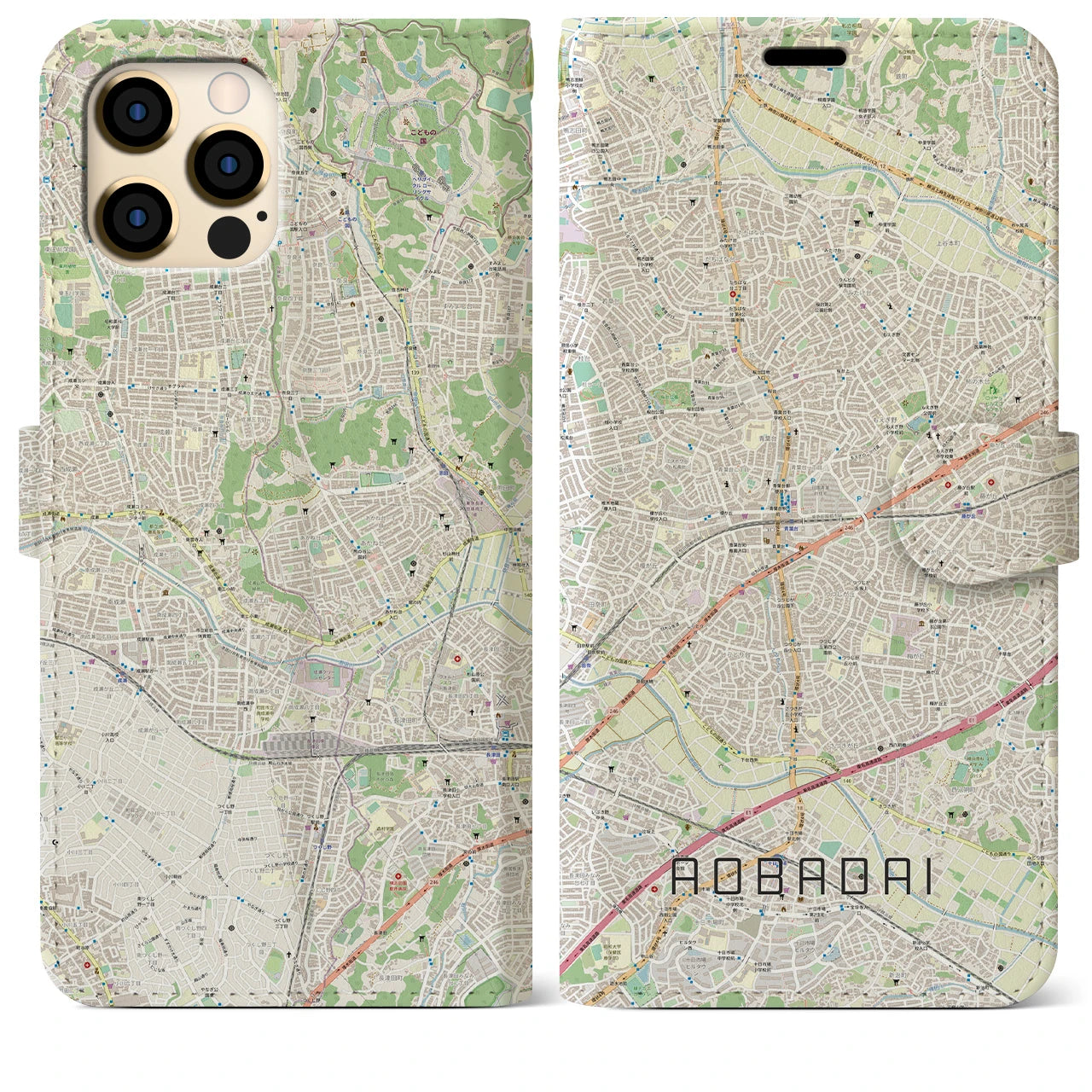 【青葉台】地図柄iPhoneケース（手帳両面タイプ・ナチュラル）iPhone 12 Pro Max 用