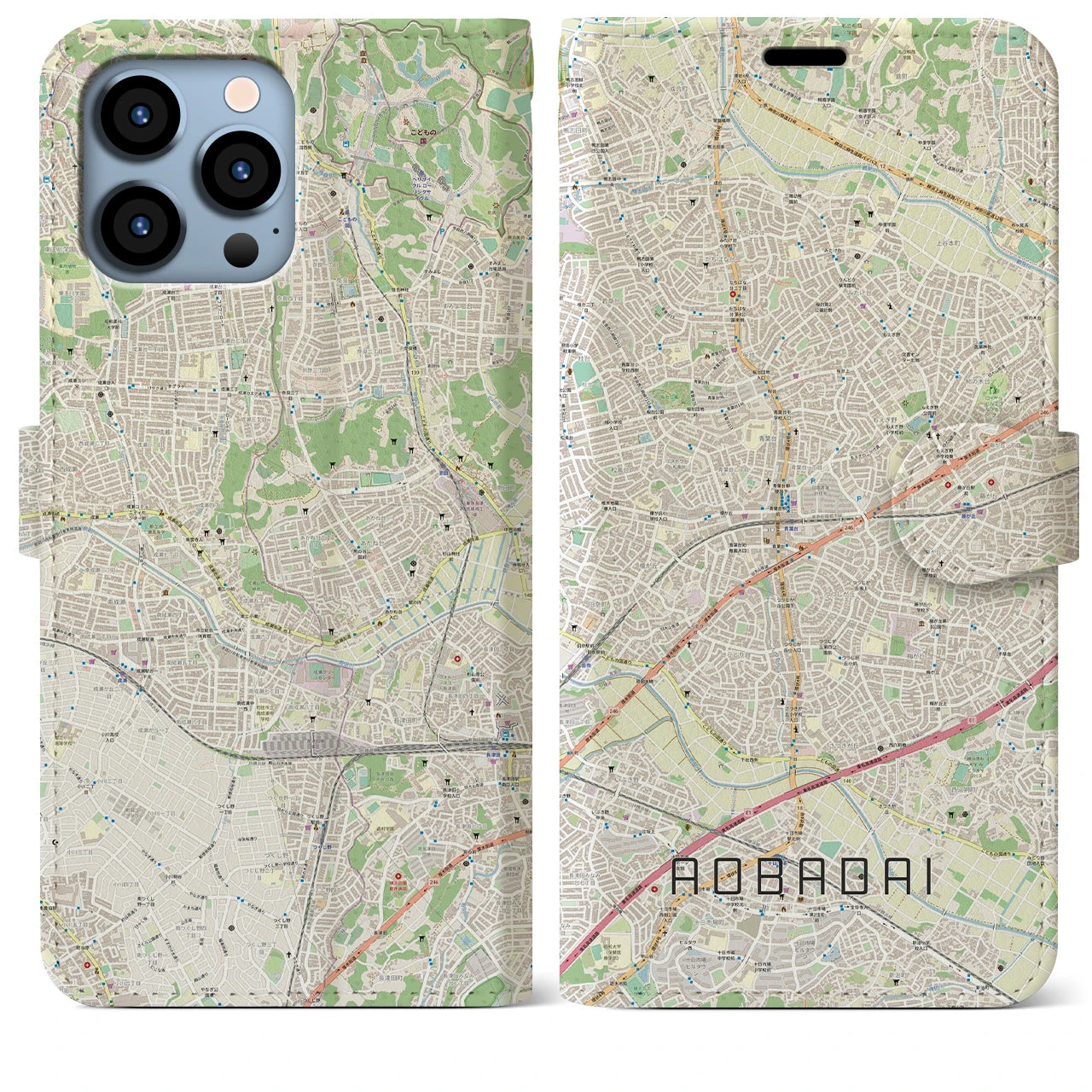 【青葉台】地図柄iPhoneケース（手帳両面タイプ・ナチュラル）iPhone 13 Pro Max 用