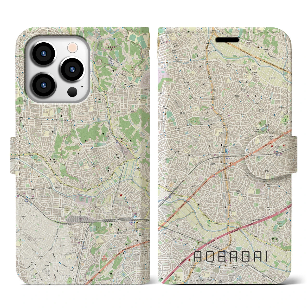 【青葉台】地図柄iPhoneケース（手帳両面タイプ・ナチュラル）iPhone 13 Pro 用