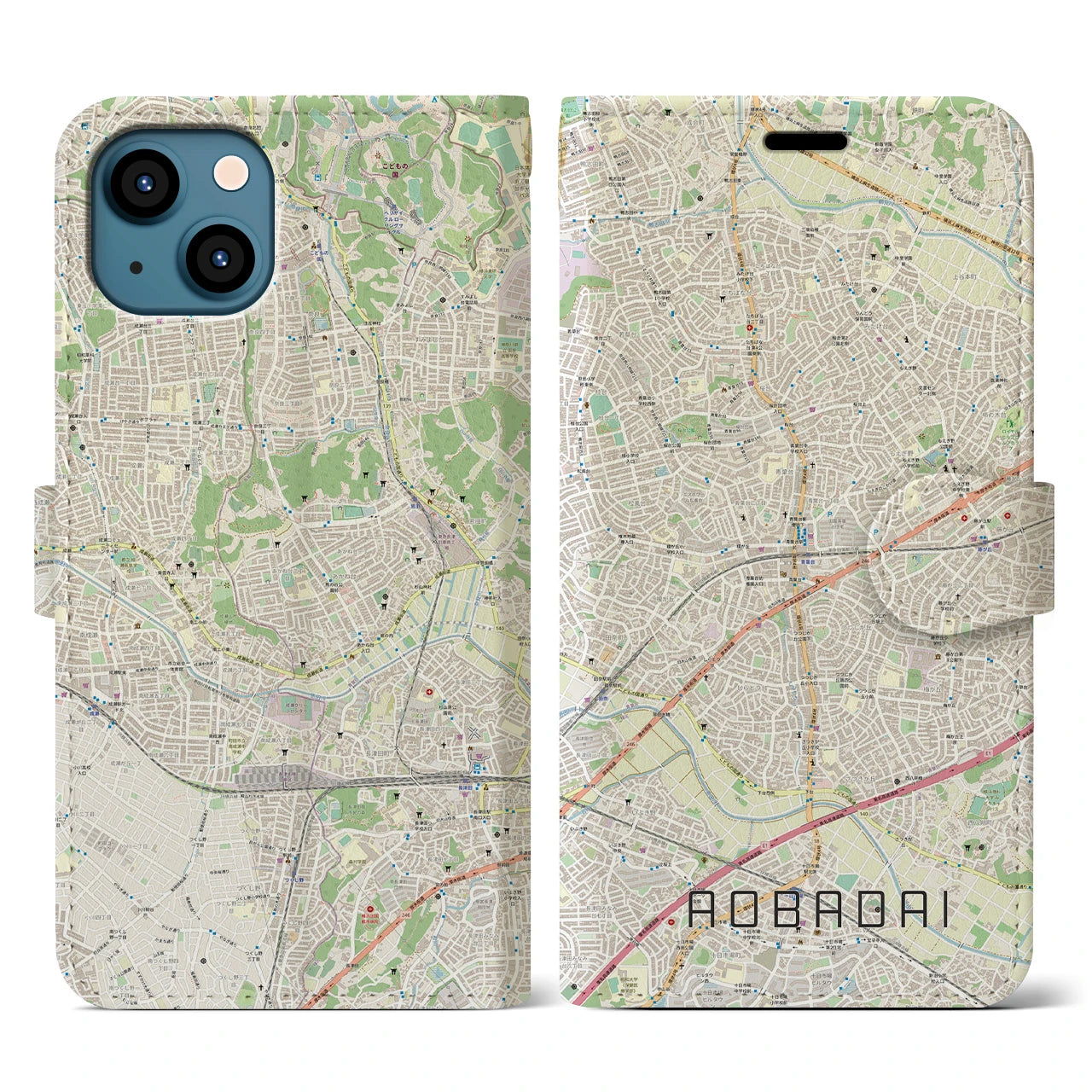 【青葉台】地図柄iPhoneケース（手帳両面タイプ・ナチュラル）iPhone 13 用