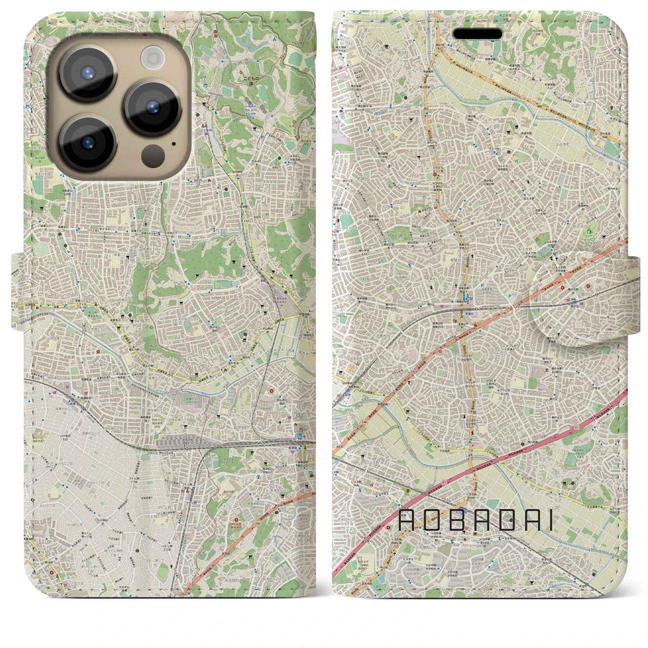 【青葉台】地図柄iPhoneケース（手帳両面タイプ・ナチュラル）iPhone 14 Pro Max 用