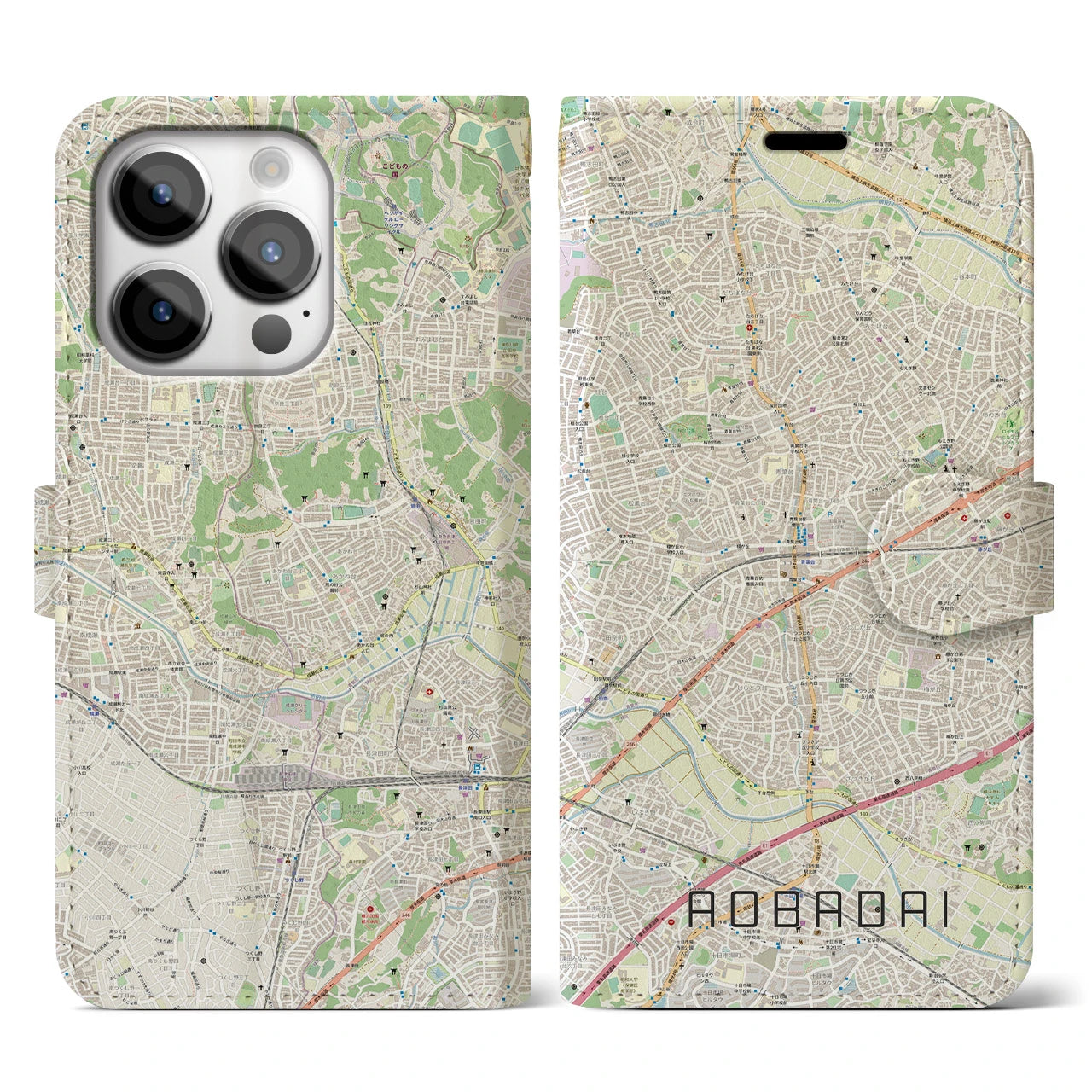 【青葉台】地図柄iPhoneケース（手帳両面タイプ・ナチュラル）iPhone 14 Pro 用
