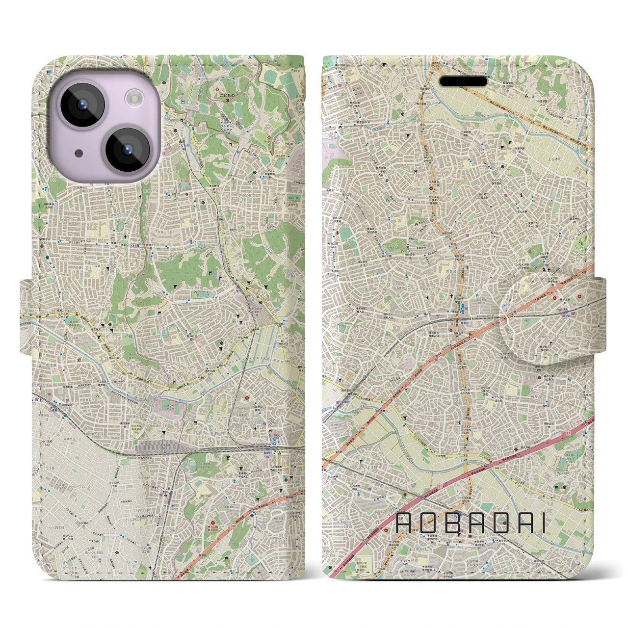【青葉台】地図柄iPhoneケース（手帳両面タイプ・ナチュラル）iPhone 14 用