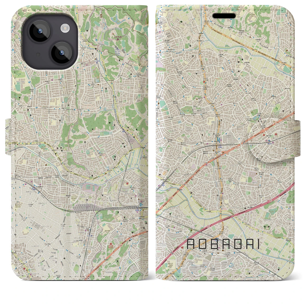 【青葉台】地図柄iPhoneケース（手帳両面タイプ・ナチュラル）iPhone 14 Plus 用