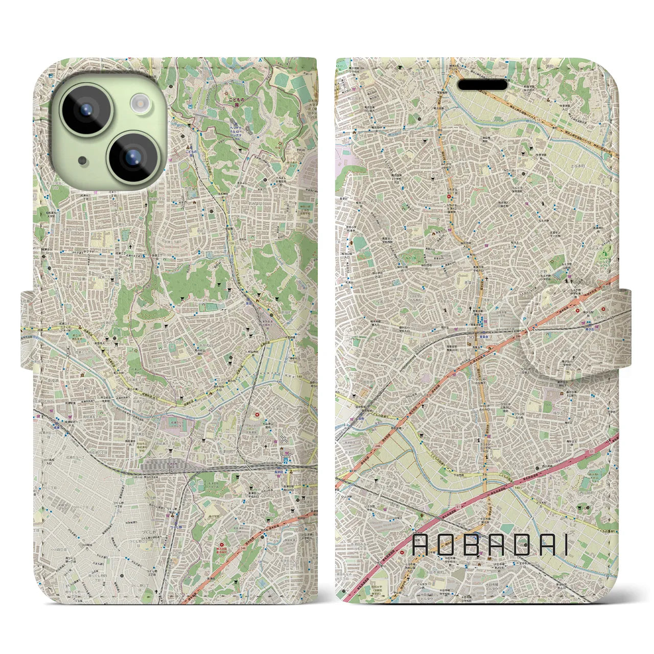 【青葉台】地図柄iPhoneケース（手帳両面タイプ・ナチュラル）iPhone 15 用