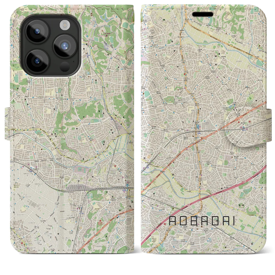 【青葉台】地図柄iPhoneケース（手帳両面タイプ・ナチュラル）iPhone 15 Pro Max 用