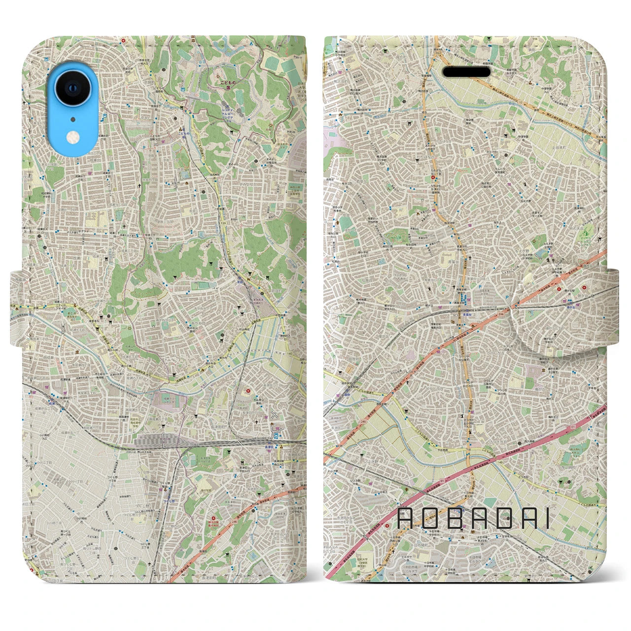 【青葉台】地図柄iPhoneケース（手帳両面タイプ・ナチュラル）iPhone XR 用