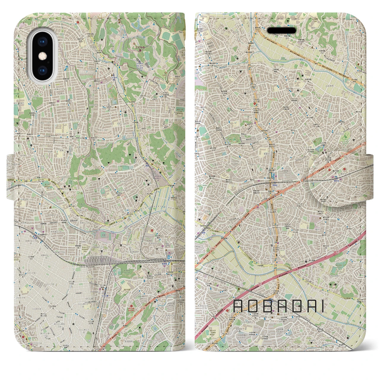 【青葉台】地図柄iPhoneケース（手帳両面タイプ・ナチュラル）iPhone XS Max 用
