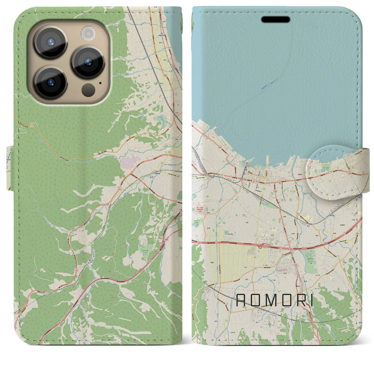 【青森2】地図柄iPhoneケース（手帳両面タイプ・ナチュラル）iPhone 14 Pro Max 用