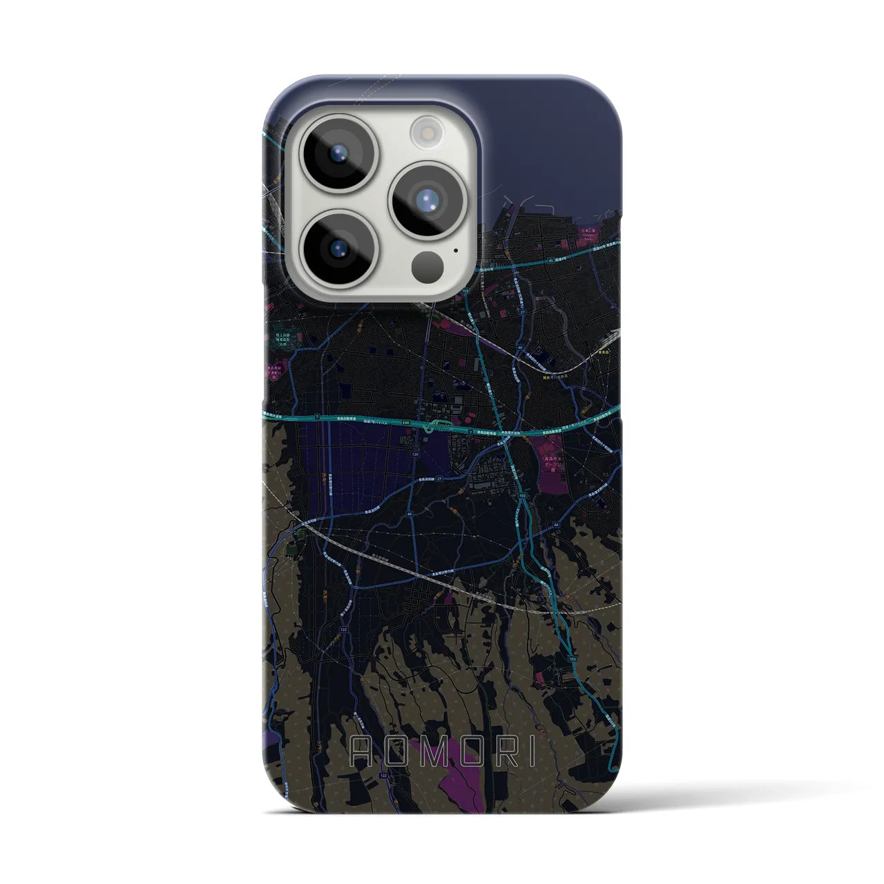 【青森】地図柄iPhoneケース（バックカバータイプ・ブラック）iPhone 15 Pro 用