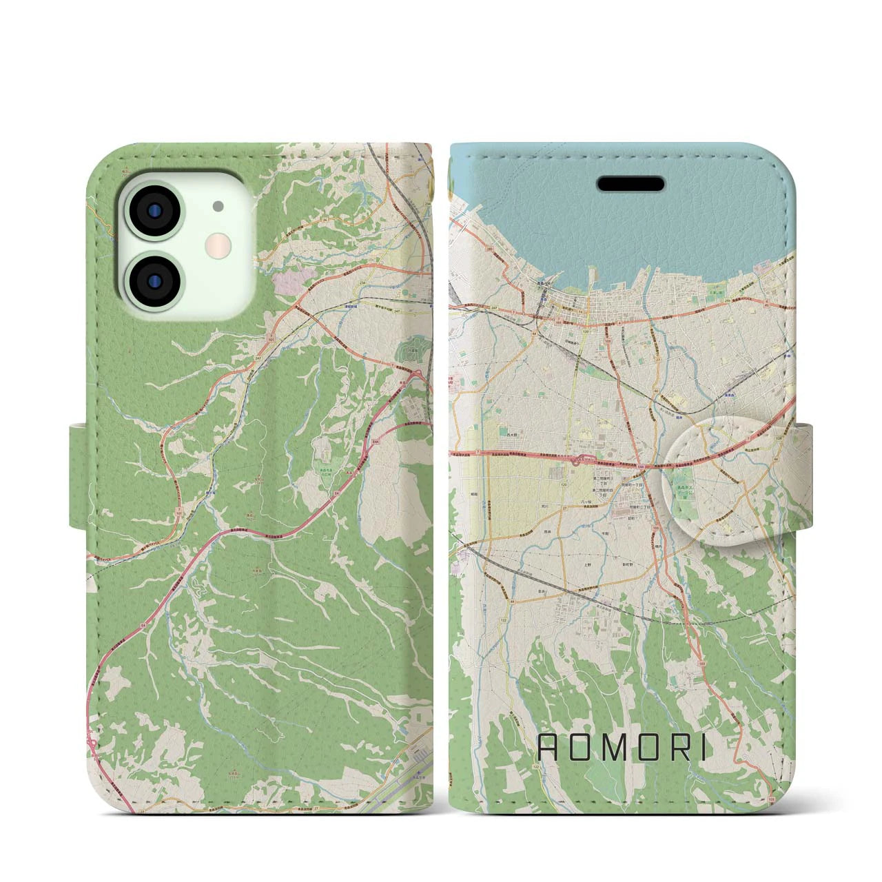 【青森】地図柄iPhoneケース（手帳両面タイプ・ナチュラル）iPhone 12 mini 用