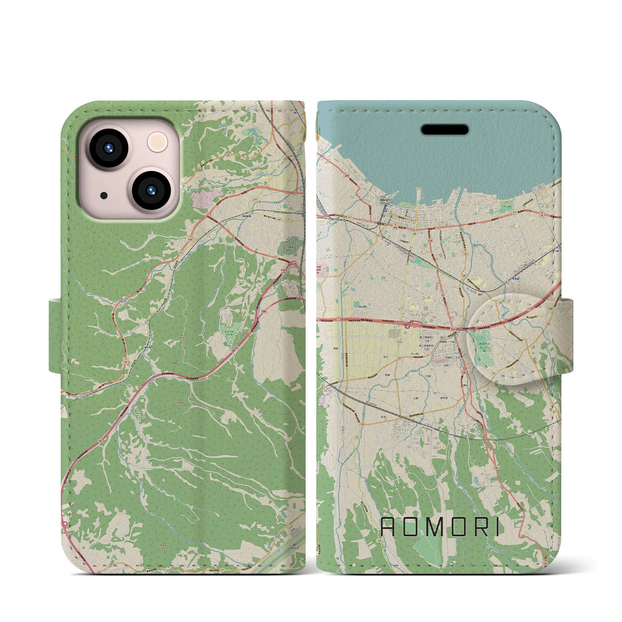 【青森】地図柄iPhoneケース（手帳両面タイプ・ナチュラル）iPhone 13 mini 用