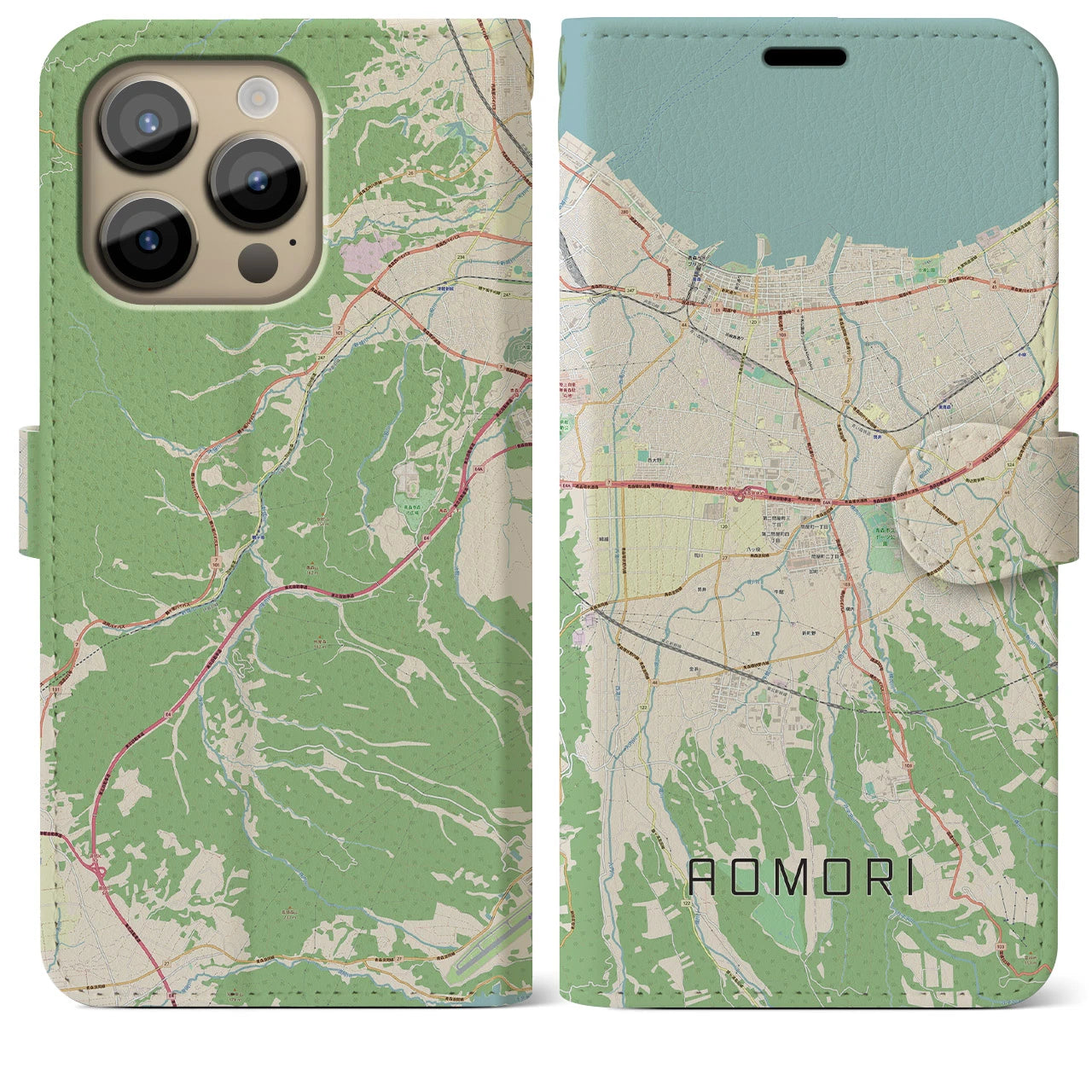 【青森】地図柄iPhoneケース（手帳両面タイプ・ナチュラル）iPhone 14 Pro Max 用